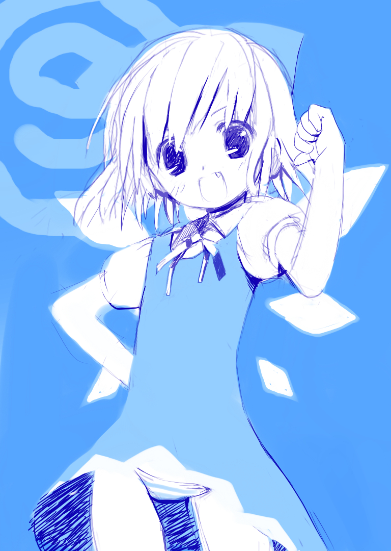 hima, cirno, phantasmagoria of flower view, touhou, 1girl, blue background, blue theme, circled 9, cowboy shot, female focus, hand on own hip, head tilt, lowleg, lowleg panties, monochrome, panties, pantyshot, simple background, solo, standing, striped clothes, striped panties, thigh gap, thighs, u9076uff6du30fbuff68, underwear