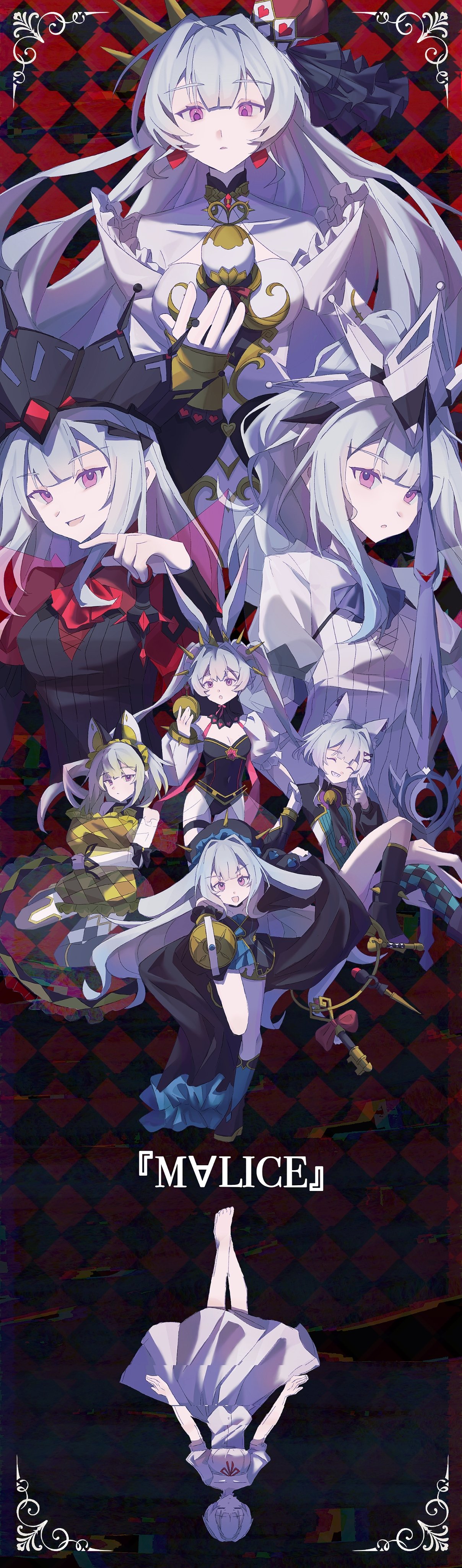 maliss <p> chessy cat, maliss <p> dormouse, maliss <p> march hare, maliss <p> white rabbit, maliss <q> hearts crypter, maliss <q> red ransom, maliss <q> white binder, yu-gi-oh!, absurdres, highres, 6+girls, animal ears, cat ears, cat girl, crown, duel monster, maliss, mouse ears, mouse girl, multiple girls, rabbit ears, rabbit girl, white crown, white hair, zhigeng7159