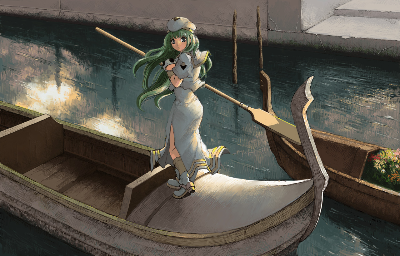 goldregen, alice carroll, president maa, aria (manga), bad id, bad pixiv id, 00s, 1girl, animal, boat, cat, female focus, gondola, green hair, hat, holding, holding animal, holding cat, oar, rowboat, solo, watercraft