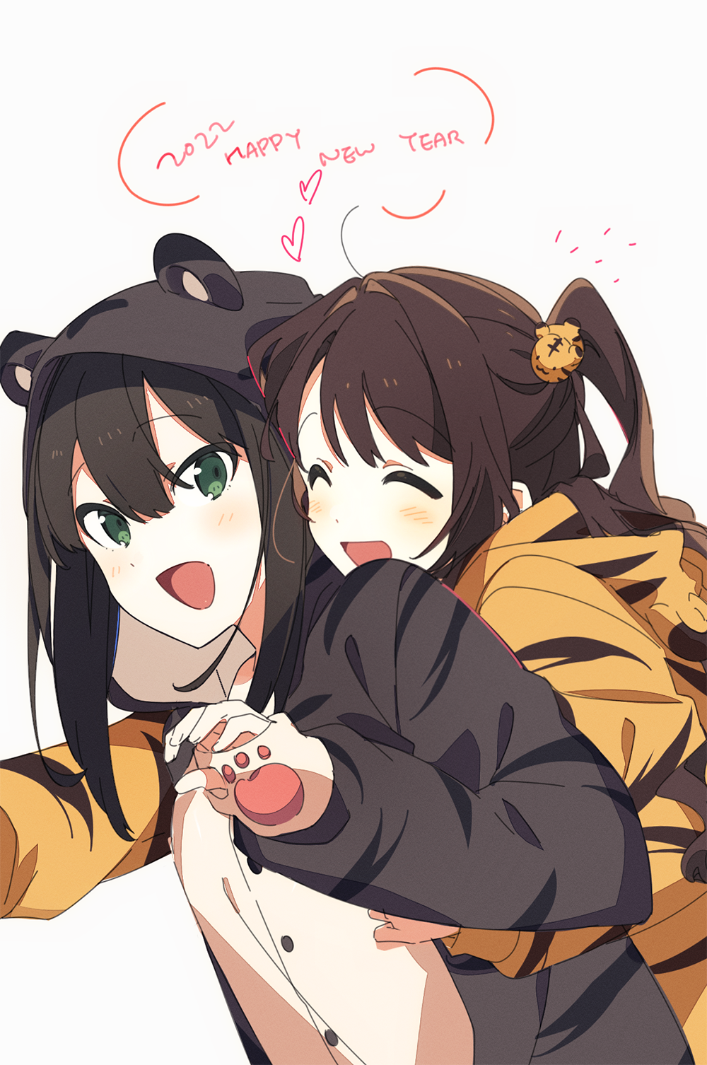 ap bar, shibuya rin, shimamura uzuki, idolmaster, idolmaster cinderella girls, highres, 2girls, animal hood, behind another, brown hair, closed eyes, cosplay, green eyes, happy new year, hood, kigurumi, long hair, multiple girls, new year, one side up, open mouth, simple background, sleeves past wrists, smile, upper body, white background