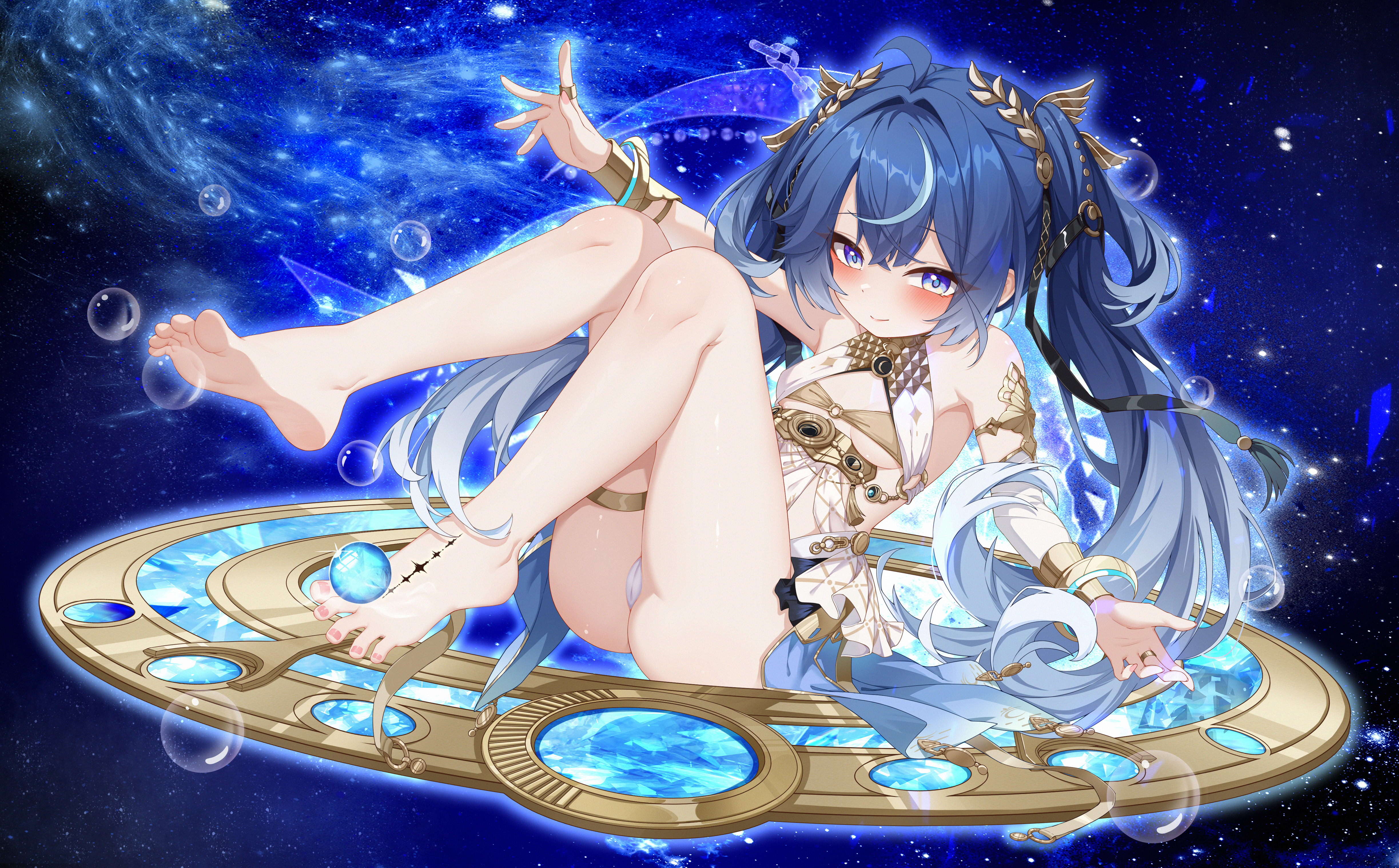 mengxin huazha, iuno (wuthering waves), wuthering waves, absurdres, highres, 1girl, ancient greek clothes, arm armor, armlet, bare shoulders, barefoot, blue eyes, blue hair, blush, bracelet, breasts, cleavage, detached sleeves, dress, gold bra, greco-roman clothes, grey hair, jewelry, long hair, looking at viewer, multicolored hair, panties, revealing clothes, sitting, small breasts, smile, soles, solo, thigh strap, thighlet, thighs, toes, twintails, underwear, white dress, white panties