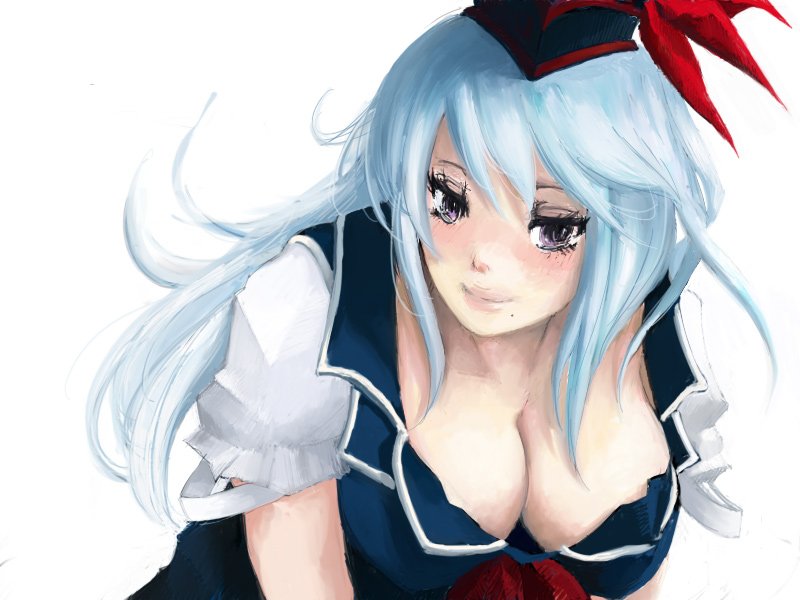 goldregen, kamishirasawa keine, touhou, kerchief, bad id, bad pixiv id, 1girl, blue dress, blue hair, breasts, cleavage, downblouse, dress, female focus, grey eyes, hanging breasts, hat, lips, long hair, looking at viewer, puffy short sleeves, puffy sleeves, short sleeves, simple background, solo, tate eboshi, upper body, very long hair, white background