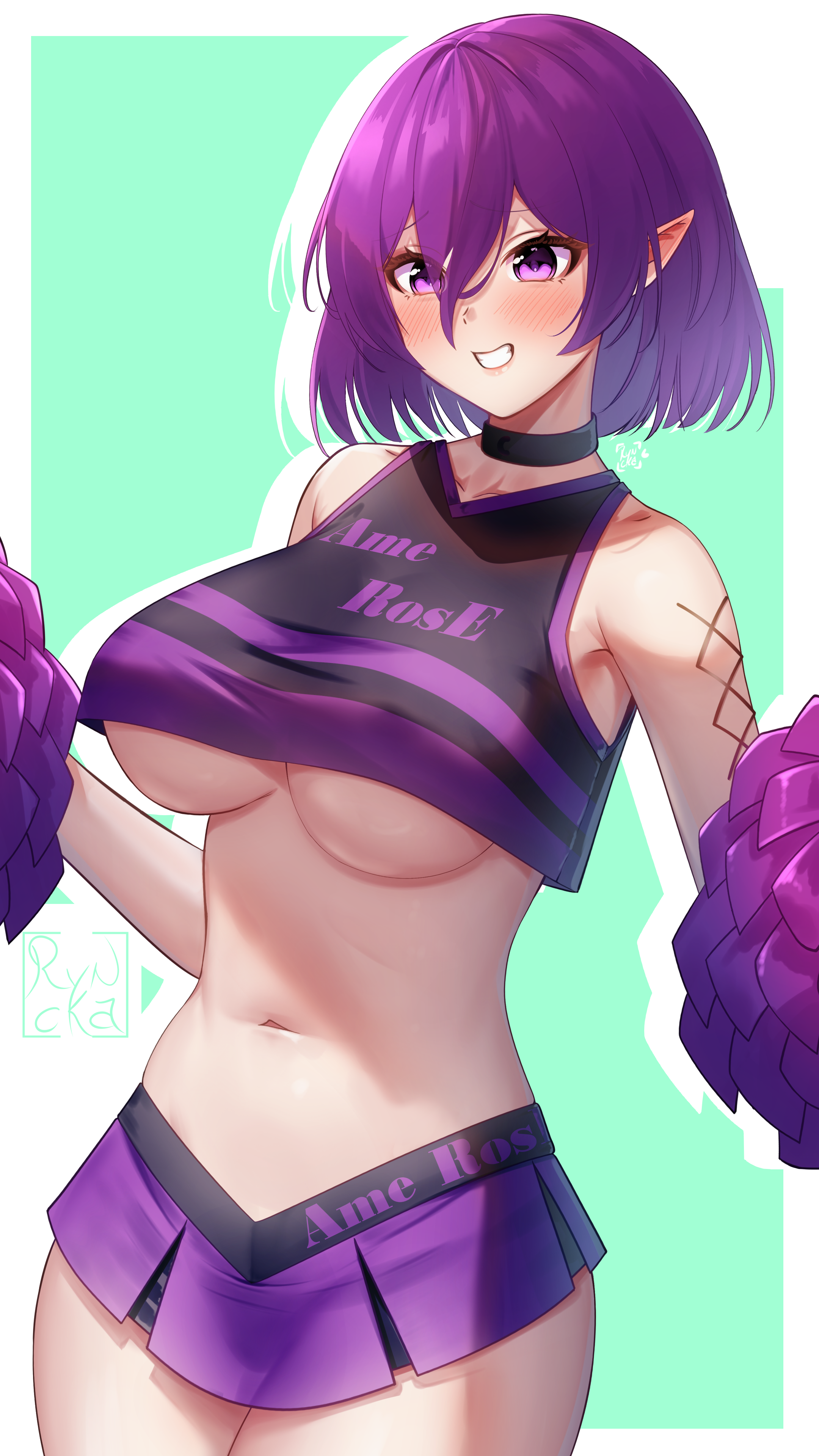 ryncka, ame rose, indie virtual youtuber, 1girl, alternate costume, bare shoulders, black shirt, black skirt, breasts, character name, cheerleader, cowboy shot, cropped shirt, embarrassed, female focus, grin, hands up, large breasts, looking at viewer, medium hair, miniskirt, navel, nervous, nervous smile, nervous sweating, pointy ears, pom pom (cheerleading), purple shirt, purple skirt, shirt, shoulder tattoo, skirt, sleeveless, sleeveless shirt, smile, solo, standing, sweat, tattoo, teeth, two-tone background, two-tone shirt, two-tone skirt, underboob, virtual youtuber