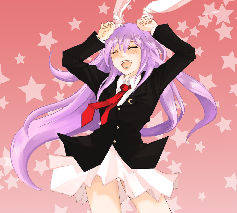 goldregen, reisen udongein inaba, touhou, light purple hair, bad id, bad pixiv id, 1girl, animal ears, blazer, caramelldansen, female focus, jacket, moon, necktie, pleated skirt, rabbit ears, red necktie, skirt, solo