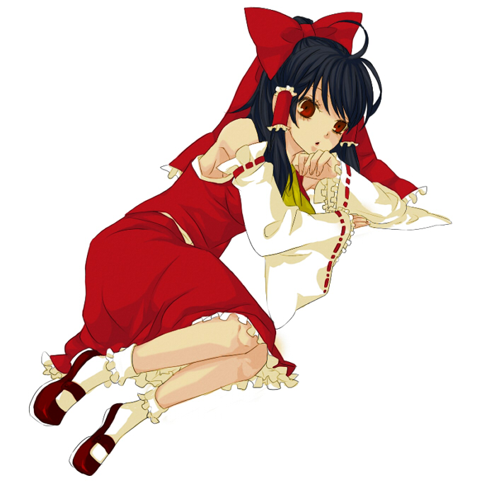 hakurei reimu, touhou, 1girl, :o, black hair, blush, bobby socks, bow, detached sleeves, dress, female focus, hair bow, long sleeves, mary janes, parted lips, ponytail, red bow, red dress, red eyes, red shoes, ribbon-trimmed sleeves, ribbon trim, shoes, short hair, socks, solo, tareme, white socks