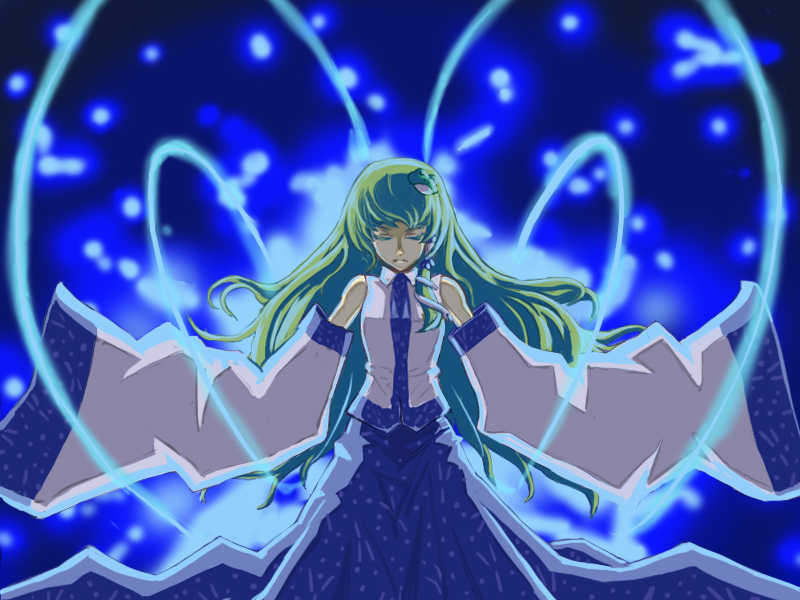 kumadano, kochiya sanae, touhou, 1girl, asymmetrical hair, bare shoulders, blue skirt, closed eyes, collarbone, detached sleeves, female focus, frog hair ornament, glowing, green hair, hair ornament, hair tubes, long sleeves, magic, nontraditional miko, shaded face, skirt, snake hair ornament, solo, vest