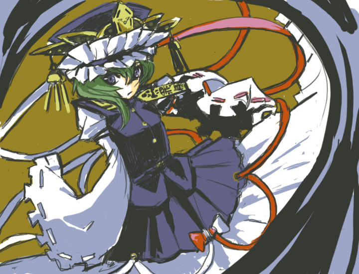 kumadano, shiki eiki, touhou, 1girl, bow, female focus, green hair, hat, purple eyes, ribbon, rod of remorse, short hair, simple background, skirt, solo, wide sleeves