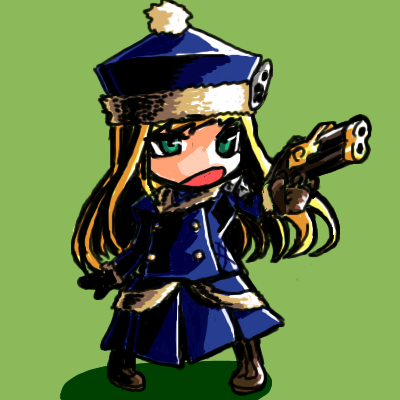 kumadano, gunner (sekaiju), gunner 2 (sekaiju), jack frost (megami tensei), atlus, etrian odyssey, lowres, 1girl, chibi, female focus, oekaki, simple background, solo
