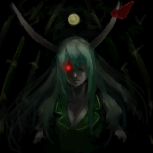 kumadano, ex-keine, kamishirasawa keine, touhou, lowres, 1girl, dark, female focus, glowing, glowing eyes, horns, moon, oekaki, red eyes, solo