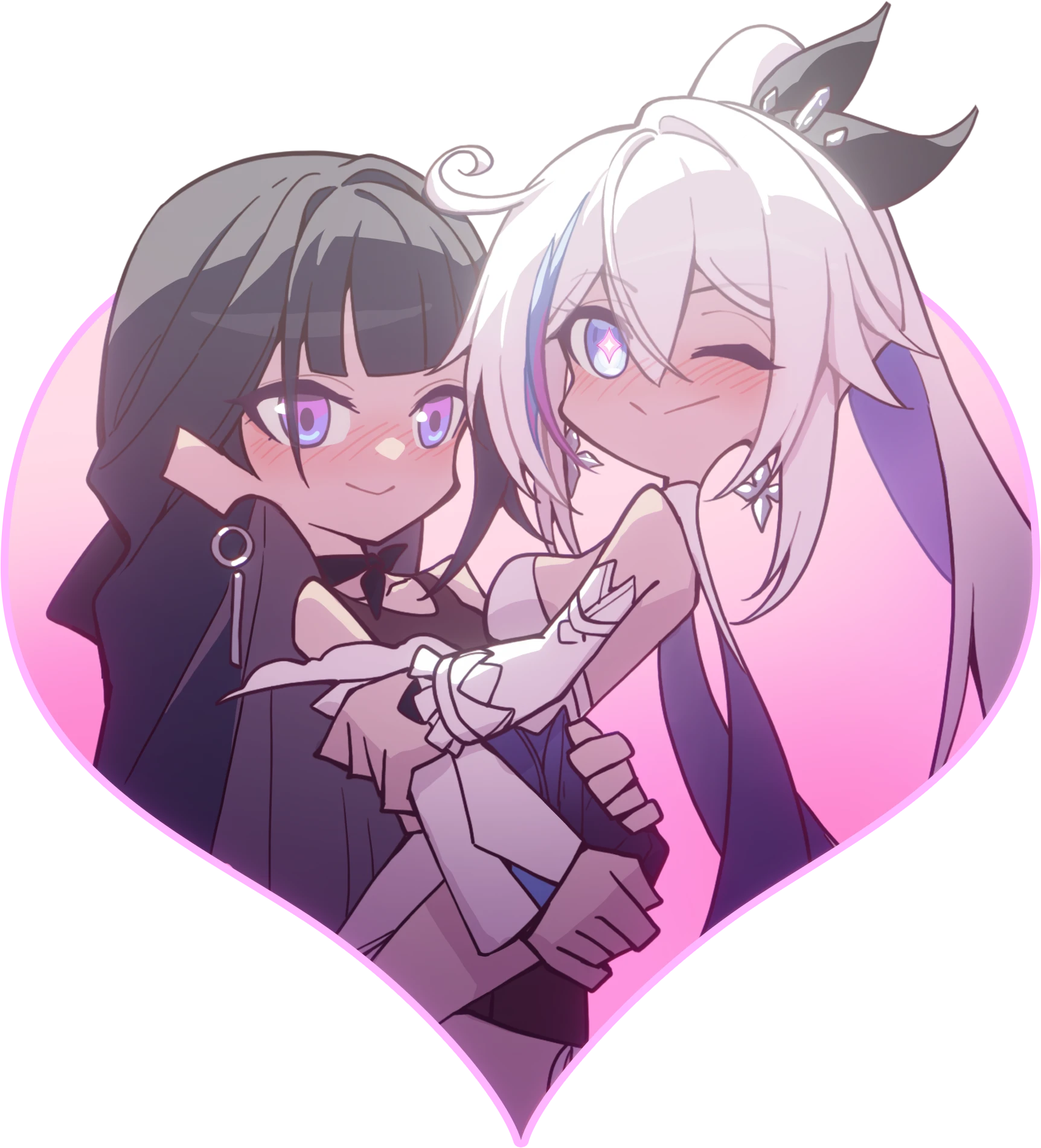 madyy, kiana kaslana, kiana kaslana (apho), kiana kaslana (herrscher of finality), raiden mei, raiden mei (apho), honkai (series), honkai impact 3rd, highres, 2girls, blue eyes, chibi, closed mouth, dress, earrings, hug, jewelry, long hair, looking at viewer, missing commentary, multiple girls, one eye closed, ponytail, purple hair, purple pupils, smile, white dress, white hair, yuri