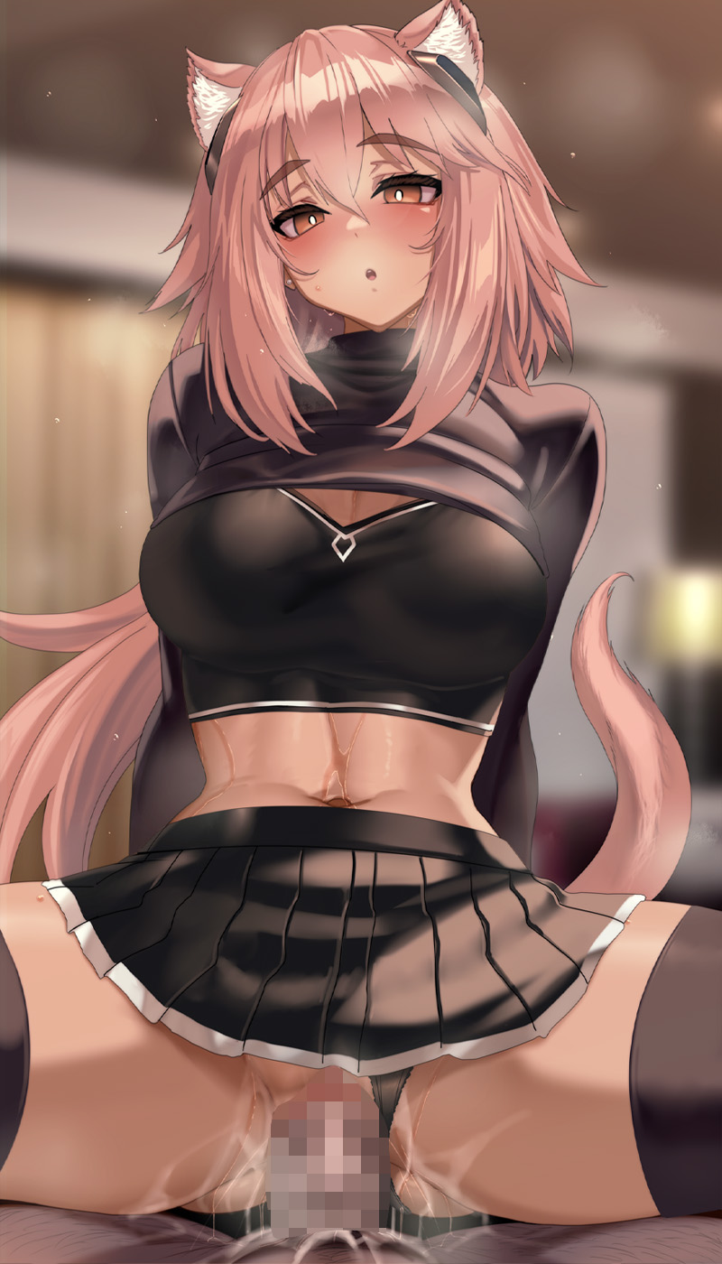 nyamota, gravel (arknights), arknights, highres, 1boy, 1girl, animal ears, black skirt, black thighhighs, blush, breasts, censored, cowgirl position, indoors, large breasts, looking at viewer, miniskirt, mosaic censoring, navel, orange eyes, parted lips, penis, pink hair, pleated skirt, pov, sex, skirt, straddling, tail, thighhighs, vaginal