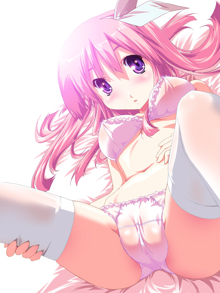 yamano sachi, original, 1girl, bra, fat mons, female focus, lingerie, lying, on back, panties, pink hair, purple eyes, solo, spread legs, thighhighs, underwear, underwear only