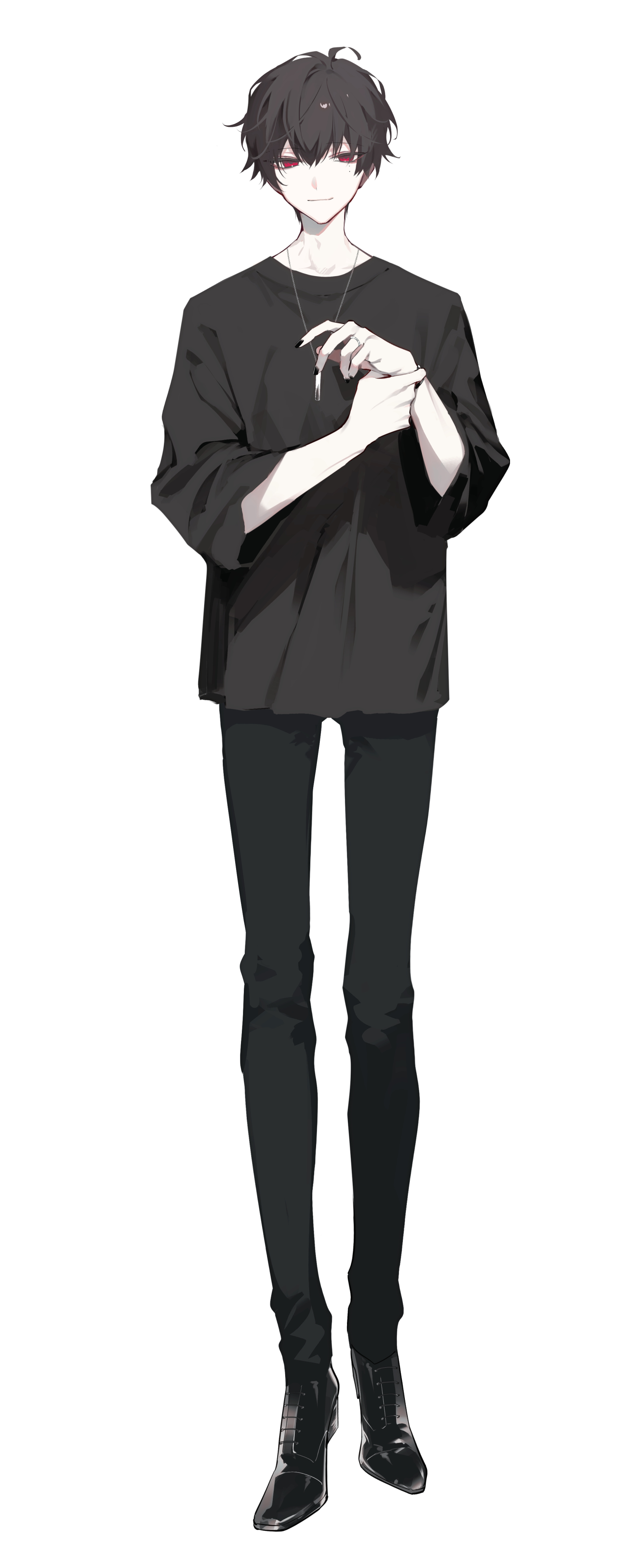 shiozaki shino, original, absurdres, highres, 1boy, black hair, black pants, black shirt, black shoes, full body, jewelry, necklace, pants, red eyes, shirt, shoes, short hair, short sleeves, simple background, solo, t-shirt, white background