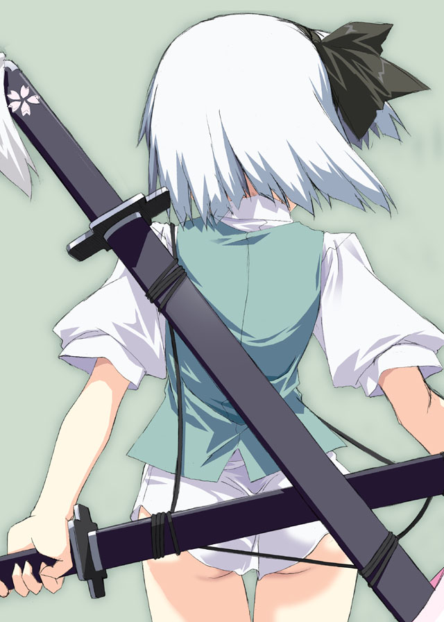yamano sachi, konpaku youmu, touhou, 1girl, blouse, bottomless, female focus, katana, no pants, panties, sheath, sheathed, shirt, short hair, solo, sword, underwear, weapon, white hair, white panties, white shirt