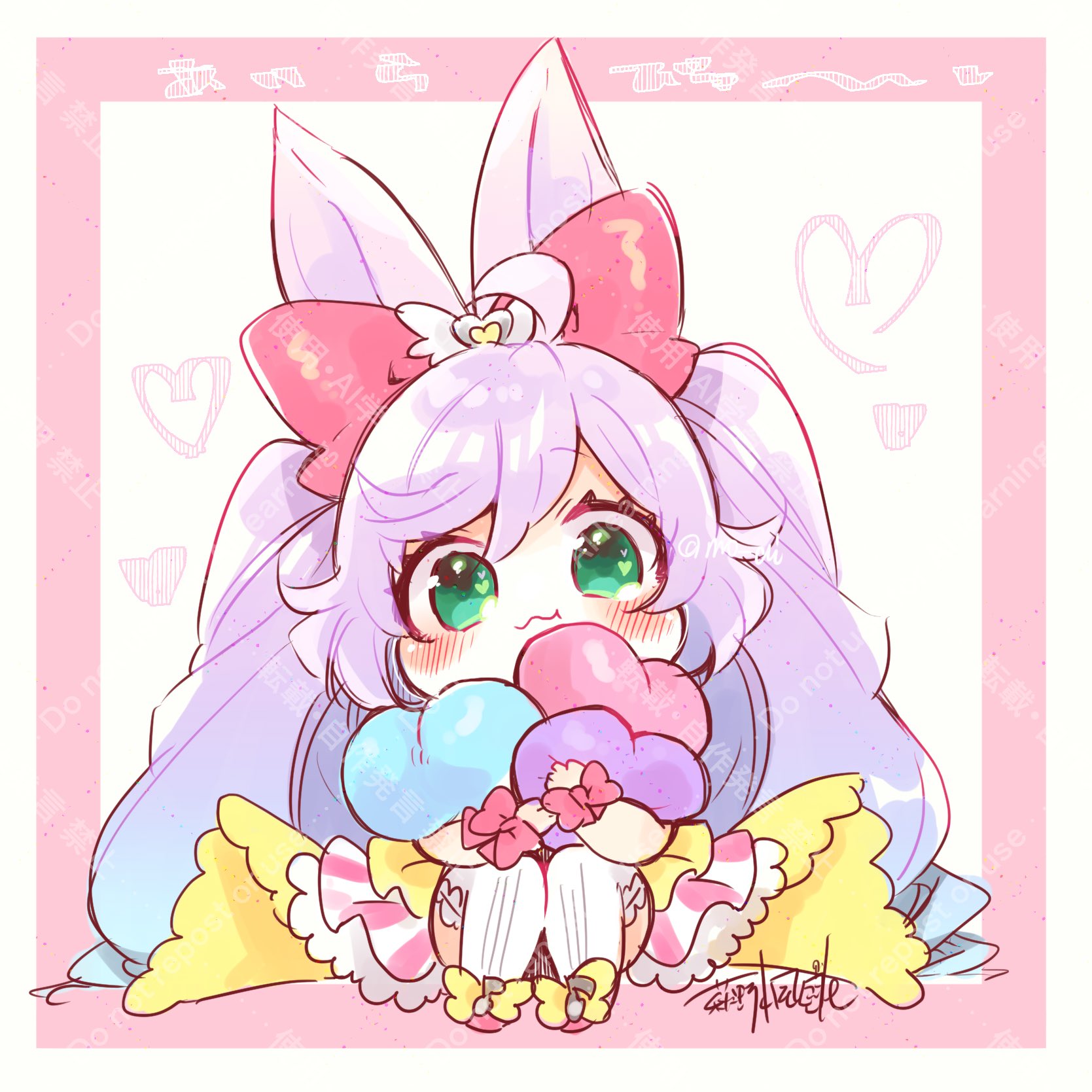 hagino kaede, manaka laala, pretty series, pripara, commentary request, highres, 1girl, :3, ahoge, animal ears, blush, bow, chibi, chibi only, full body, green eyes, hair between eyes, hair bow, heart, holding, holding heart, idol clothes, kemonomimi mode, long hair, looking at viewer, pink bow, purple hair, rabbit ears, signature, sitting, smile, solo, thighhighs, twintails, very long hair, white thighhighs