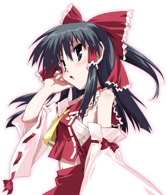 hakurei reimu, mountain of faith, touhou, 1girl, :o, ascot, black hair, blue eyes, blush, bow, detached sleeves, female focus, frills, hair bow, long sleeves, looking afar, parted lips, red bow, red skirt, simple background, skirt, solo, upper body, vest, white background