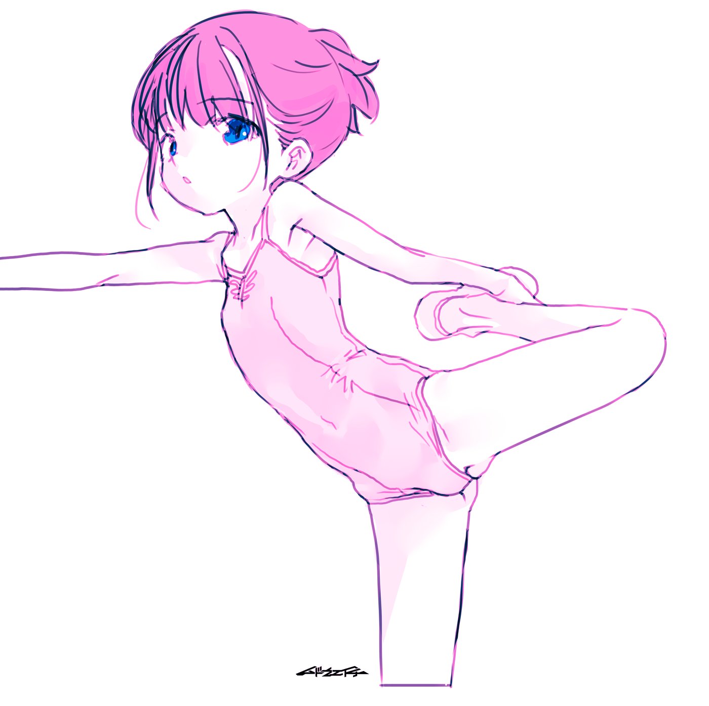 mudou eichi, original, highres, 1girl, athletic leotard, ballet slippers, blue eyes, flat chest, leg lift, leotard, looking at viewer, pink hair, shoes, solo, standing, standing on one leg, white background