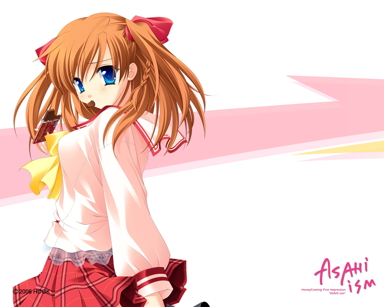 matsushita makako, rakko (makarakko), kamijou asahi, honeycoming royalsweet, 1girl, blue eyes, blush, brown hair, chocolate, orange hair, school uniform, serafuku, solo