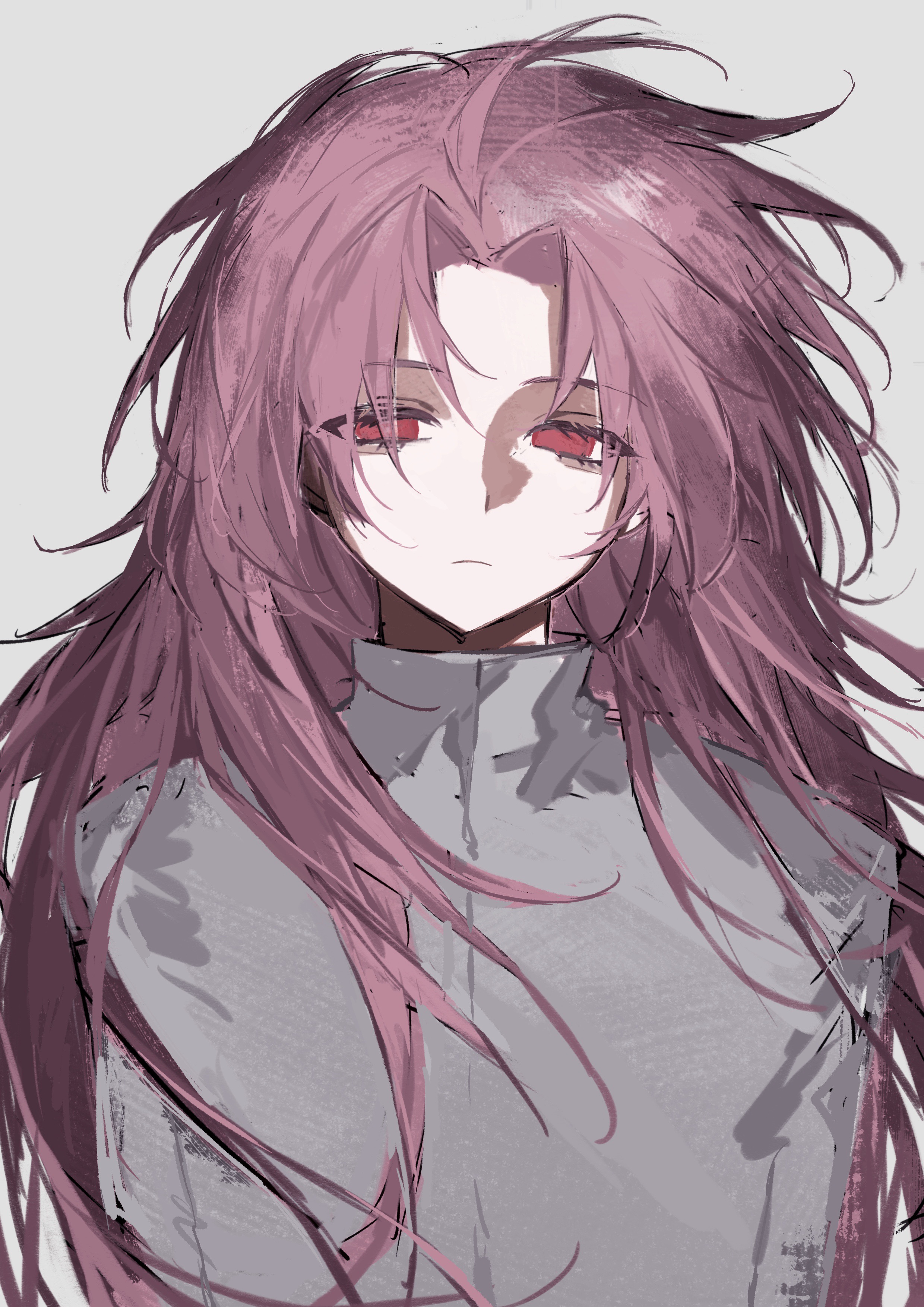 hatsutori hajime, saibou shinkyoku, absurdres, highres, 1boy, closed mouth, curtained hair, eyelashes, eyes visible through hair, from behind, frown, grey background, grey jacket, jacket, latham (7189680211), long hair, looking at viewer, male focus, parted bangs, pink hair, red eyes, simple background, solo, tareme, upper body