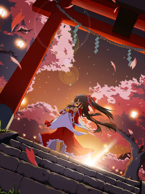 hakurei reimu, touhou, 1girl, arch, backlighting, bow, brown eyes, brown hair, cherry blossoms, detached sleeves, dress, evening, female focus, floating hair, hair bow, light rays, long sleeves, outdoors, plant, red bow, red dress, shrine, solo, stairs, sunlight, sunset, torii, tree, wind
