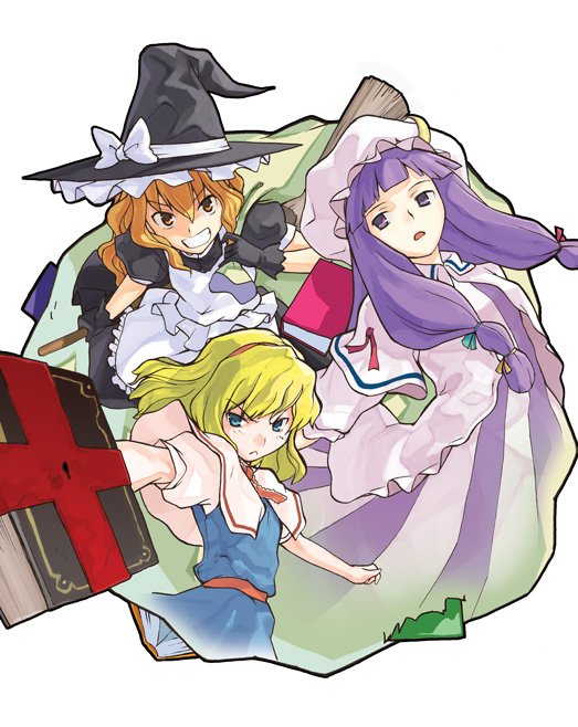 heebee, alice margatroid, kirisame marisa, patchouli knowledge, touhou, jpeg artifacts, 3girls, :<, black gloves, blonde hair, blue eyes, book, broom, female focus, frown, gloves, grimoire, grimoire of alice, grin, hat, long hair, looking at viewer, multiple girls, purple eyes, purple hair, short hair, simple background, smile, witch hat, yellow eyes