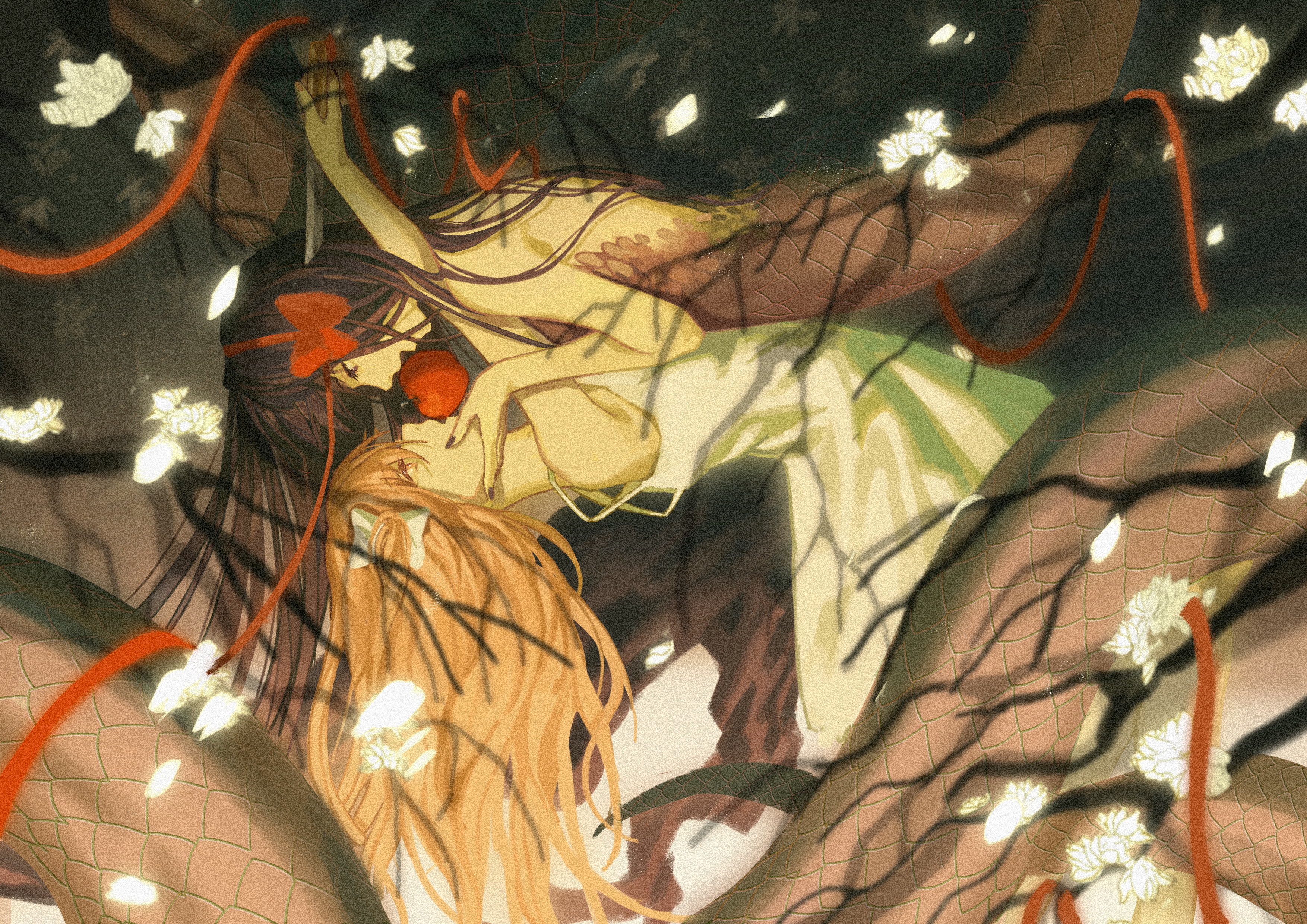 yayaziiii, akemi homura, akuma homura, kaname madoka, ultimate madoka, mahou shoujo madoka magica, mahou shoujo madoka magica: hangyaku no monogatari, mahou shoujo madoka magica (anime), absurdres, highres, apple, backstab, bare shoulders, black hair, bow, branch, dress, flower, food, fruit, hair bow, hand on another's face, holding, holding sword, holding weapon, kiss, lamia, long hair, monster girl, pink hair, pointing melee weapon, pointing sword, red bow, red ribbon, ribbon, scales, sleeveless, spaghetti strap, sword, tail, two side up, weapon, white bow, white dress, white flower, yuri