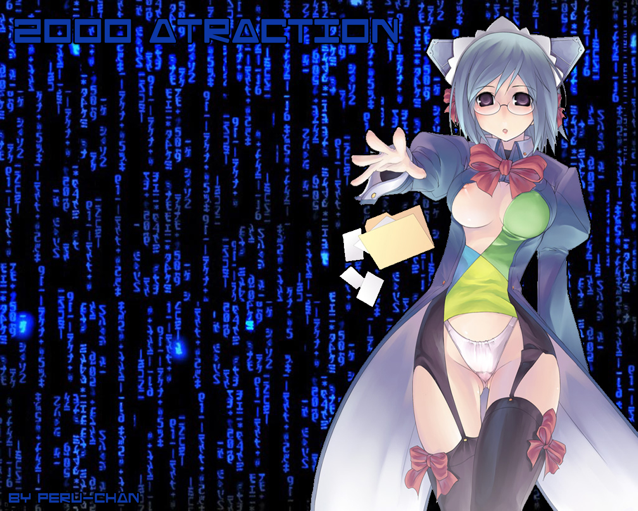 2k-tan, microsoft windows, os-tan, the matrix, windows 2000, windows classic, katakana, 1girl, :o, blue hair, bow legwear, breasts, cowboy shot, dress, female focus, folder, garter straps, glasses, highleg, highleg panties, juliet sleeves, large breasts, long sleeves, maid headdress, medium breasts, nipple slip, nipples, no bra, outstretched hand, panties, puffy sleeves, revealing clothes, solo, standing, text background, thigh gap, thighhighs, underwear, white panties