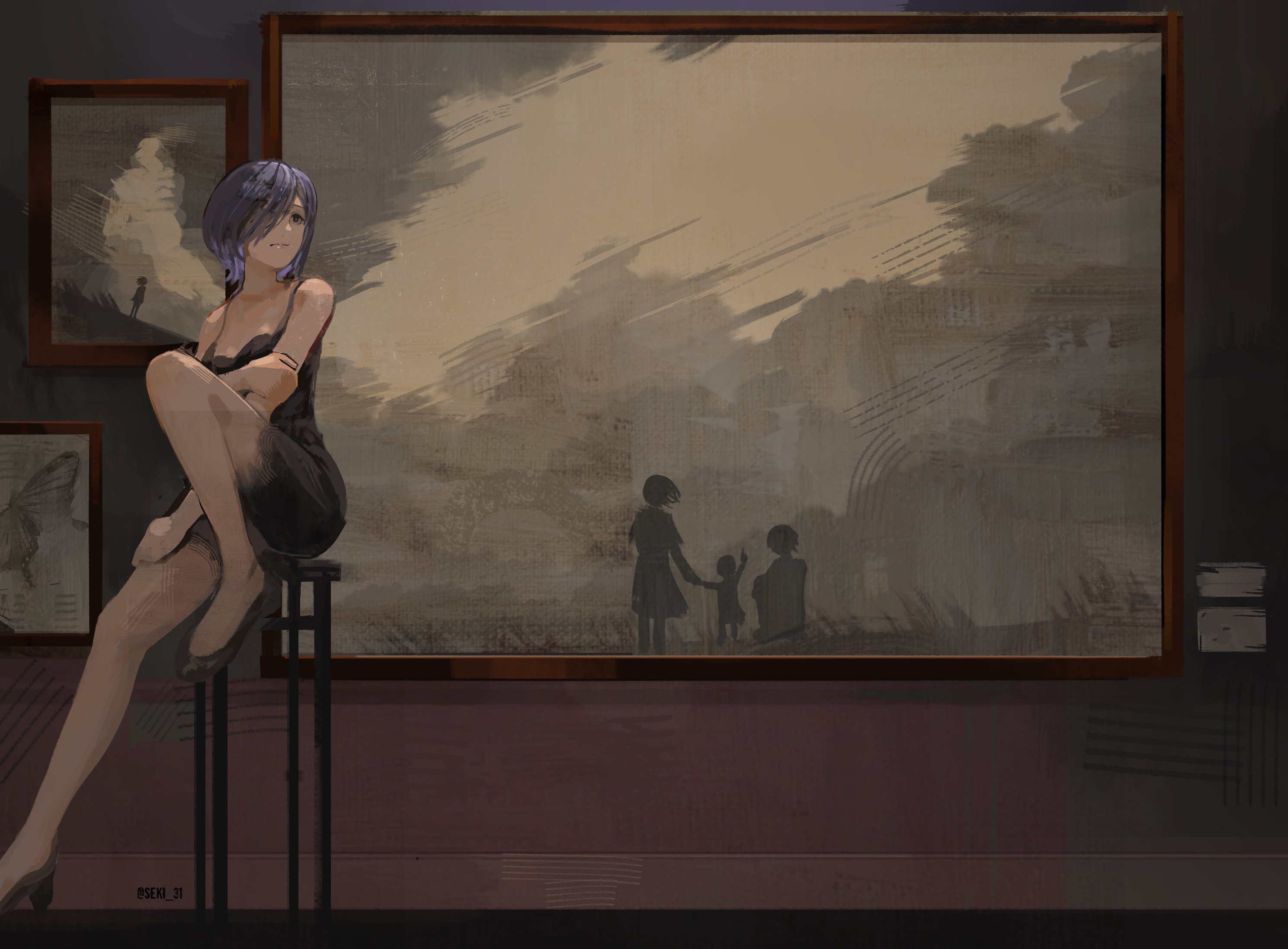 seki 31 (artist), kirishima touka, tokyo ghoul, tokyo ghoul:re, highres, 1girl, black dress, black shoes, bug, butterfly, canvas (object), chair, dress, family, father and daughter, hair over one eye, hand on own arm, hand on own thigh, husband and wife, insect, mother and daughter, on chair, purple hair, shoes, short hair, signature, sitting, smile, solo