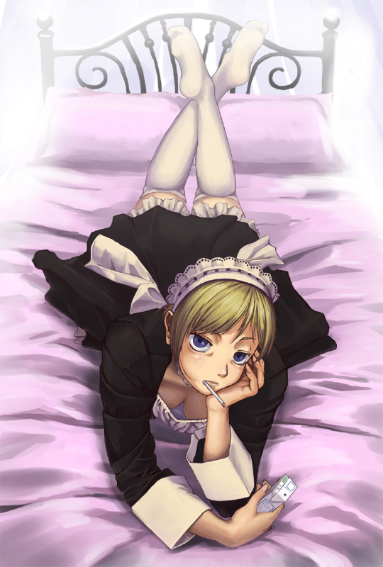 kawa akira, taepro, original, bad id, bad pixiv id, blonde hair, blue eyes, cigarette, feet, juice box, legs, lying, maid, socks, solo, thighhighs