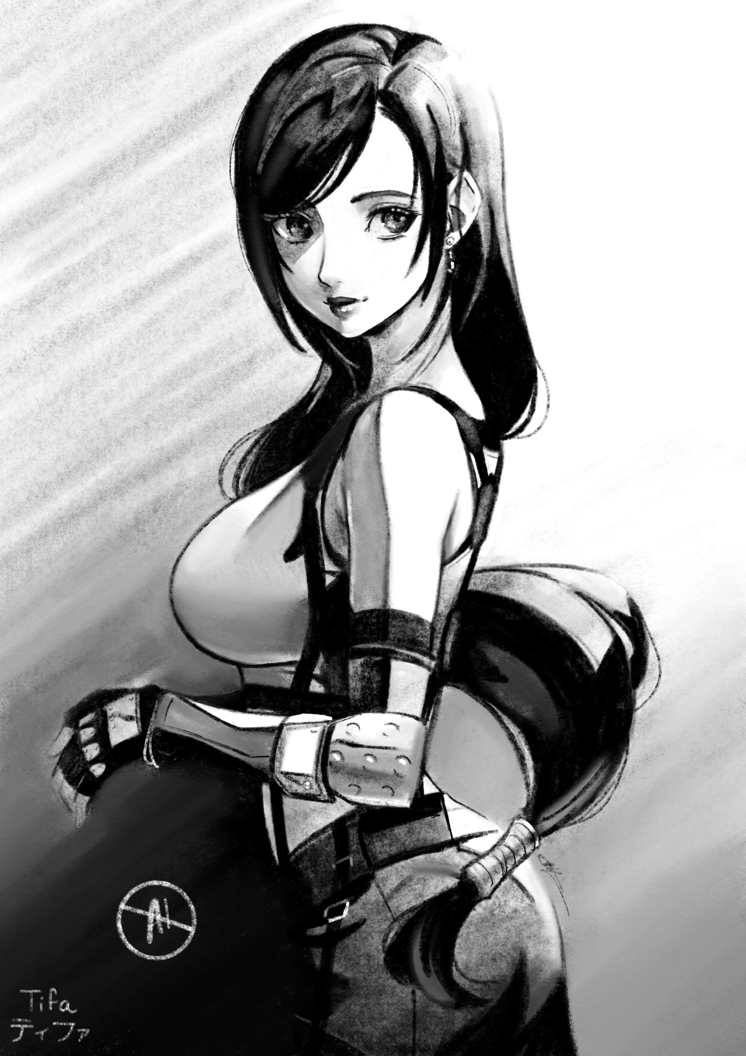 eightyfourart, tifa lockhart, final fantasy, final fantasy vii, final fantasy vii remake, absurdres, commentary, highres, 1girl, black gloves, black hair, black skirt, breasts, character name, closed mouth, cowboy shot, crop top, earrings, elbow gloves, fingerless gloves, from side, gloves, gradient background, greyscale, jewelry, large breasts, lips, long hair, looking at viewer, looking to the side, low-tied long hair, monochrome, single arm guard, single earring, skirt, solo, suspender skirt, suspenders, swept bangs, tank top, white tank top