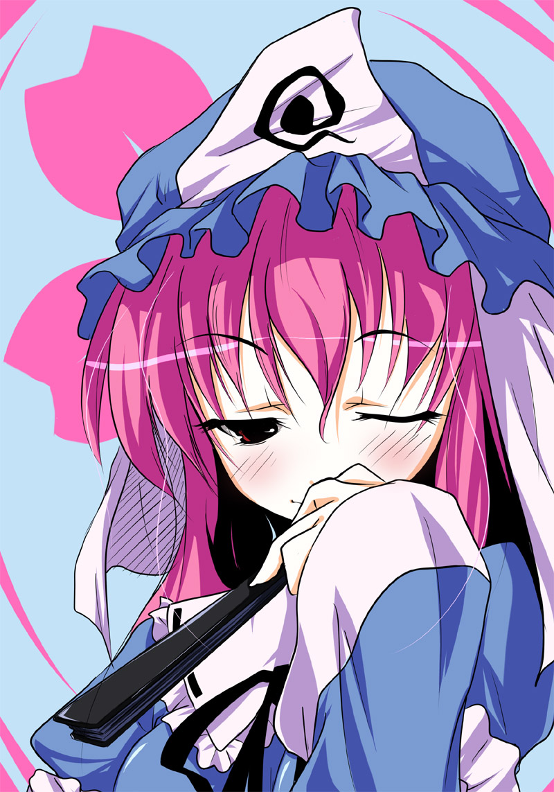 ko-chin, saigyouji yuyuko, touhou, 1girl, arm garter, blue background, blush, collar, female focus, frills, hat, long sleeves, looking at viewer, mob cap, pink eyes, pink hair, ribbon-trimmed collar, ribbon trim, simple background, solo, triangular headpiece, upper body