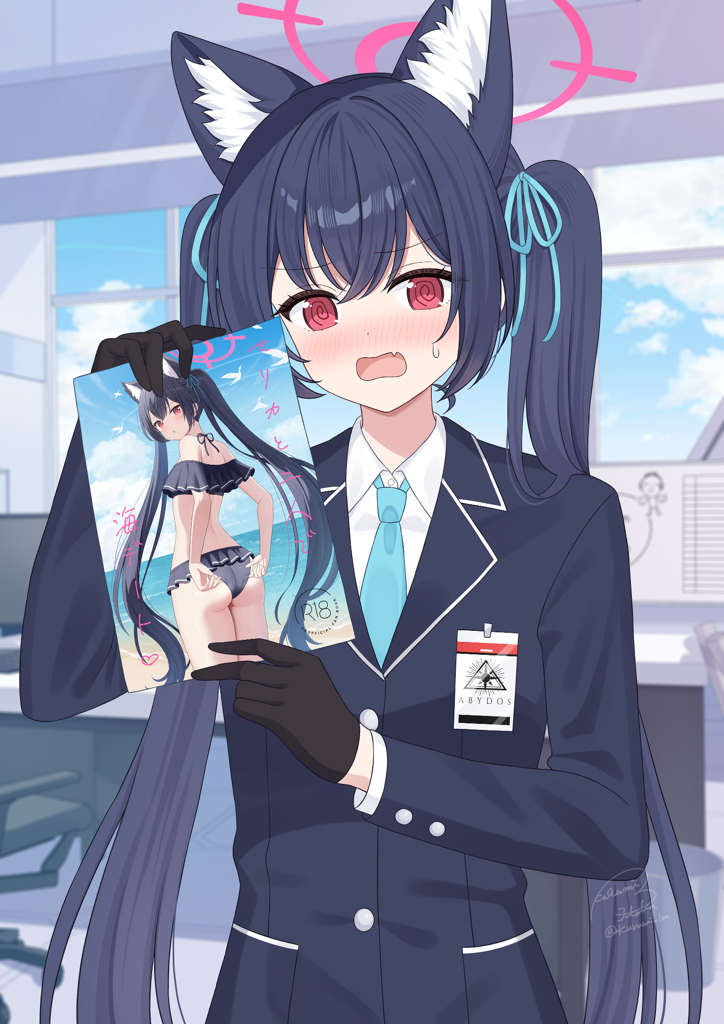 kurumi lm, serika (blue archive), serika (swimsuit) (blue archive), blue archive, commentary request, highres, 1girl, animal ear fluff, animal ears, bikini, black bikini, black gloves, black hair, blue necktie, blush, book, cat ears, embarrassed, extra ears, fang, frilled bikini, frills, gloves, halo, holding, holding book, indoors, long hair, looking at viewer, necktie, off-shoulder bikini, off shoulder, official alternate costume, open mouth, pink halo, red eyes, solo, sweatdrop, swimsuit, twintails