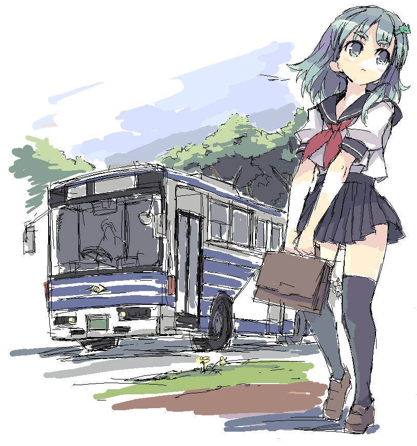 xexu, kochiya sanae, touhou, vehicle, 1girl, alternate costume, bus, female focus, motor vehicle, nature, oekaki, outdoors, plant, school uniform, serafuku, sketch, skirt, sky, solo, thighhighs, white background, zettai ryouiki