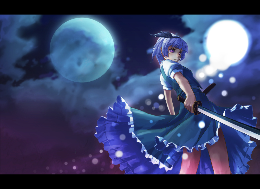 kawa akira, taepro, konpaku youmu, konpaku youmu (ghost), touhou, bad id, bad pixiv id, 1girl, blue hair, cloud, dress, female focus, full moon, hitodama, legs, letterboxed, moon, night, purple eyes, short hair, sky, solo, sword, thighs, weapon