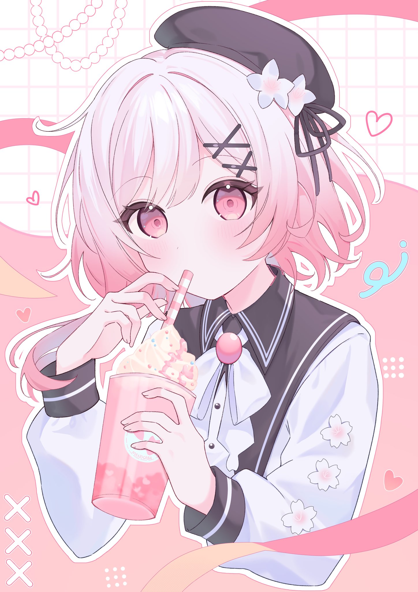 sakuraba ema, mahou shoujo no majo saiban, commentary, highres, symbol-only commentary, 1girl, beret, black hat, budou 913, cup, disposable cup, drinking, drinking straw, drinking straw in mouth, flower, gradient hair, hair flower, hair ornament, hairclip, hat, holding, holding cup, long sleeves, looking at viewer, magical girl, multicolored hair, neck ribbon, outline, pink background, pink eyes, pink hair, ribbon, short hair, solo, two-tone hair, upper body, white flower, white hair, white outline, white ribbon, x hair ornament