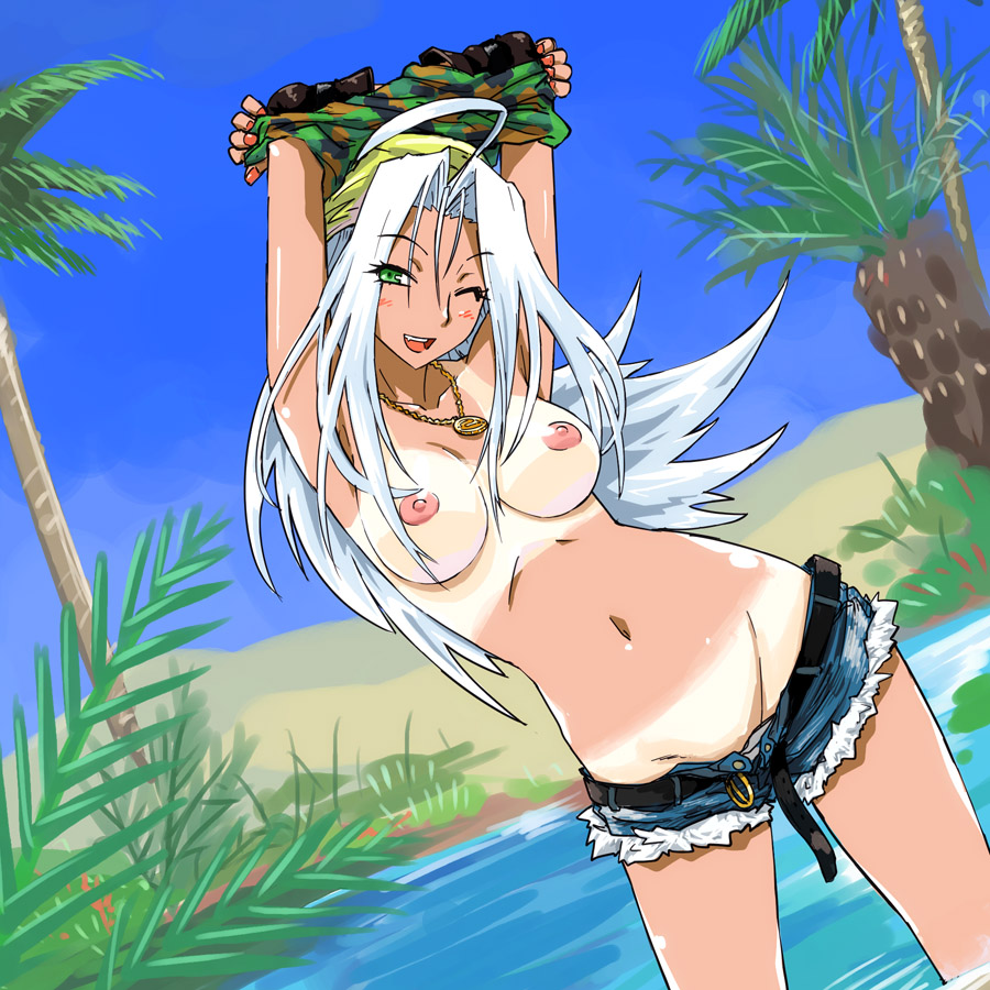 michael f91, 1girl, arms up, belt, bikini tan, breasts, camouflage, denim, denim shorts, female focus, green eyes, jewelry, long hair, necklace, nipples, oasis, one eye closed, shorts, smile, solo, tan, tanline, topless female, tree, undressing, water, white hair, wink
