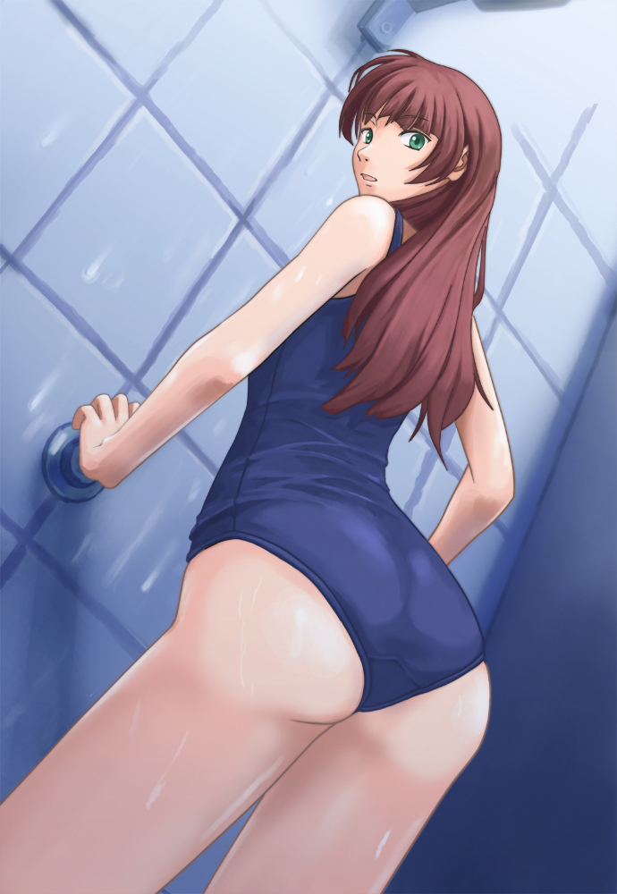 kawa akira, taepro, ass, brown hair, green eyes, one-piece swimsuit, school swimsuit, solo, swimsuit