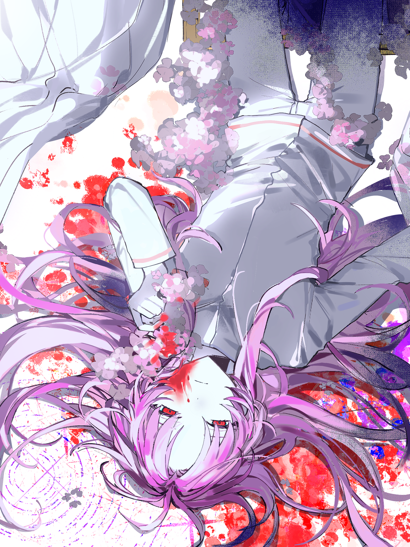 hatsutori hajime, saibou shinkyoku, chinese commentary, commentary, highres, procreate (medium), variant set, 1boy, blood, blood on face, blood splatter, chuanchayinlris, closed mouth, colored skin, expressionless, flower, jacket, long hair, long sleeves, looking at viewer, lying, male focus, on back, pants, pink flower, pink hair, red eyes, solo, upside-down, very long hair, white jacket, white pants, white skin
