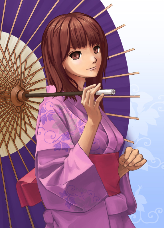 kawa akira, taepro, 1girl, blue background, brown eyes, brown hair, expressionless, female focus, from side, gradient background, holding, holding umbrella, japanese clothes, kimono, looking at viewer, obi, oil-paper umbrella, sash, solo, umbrella