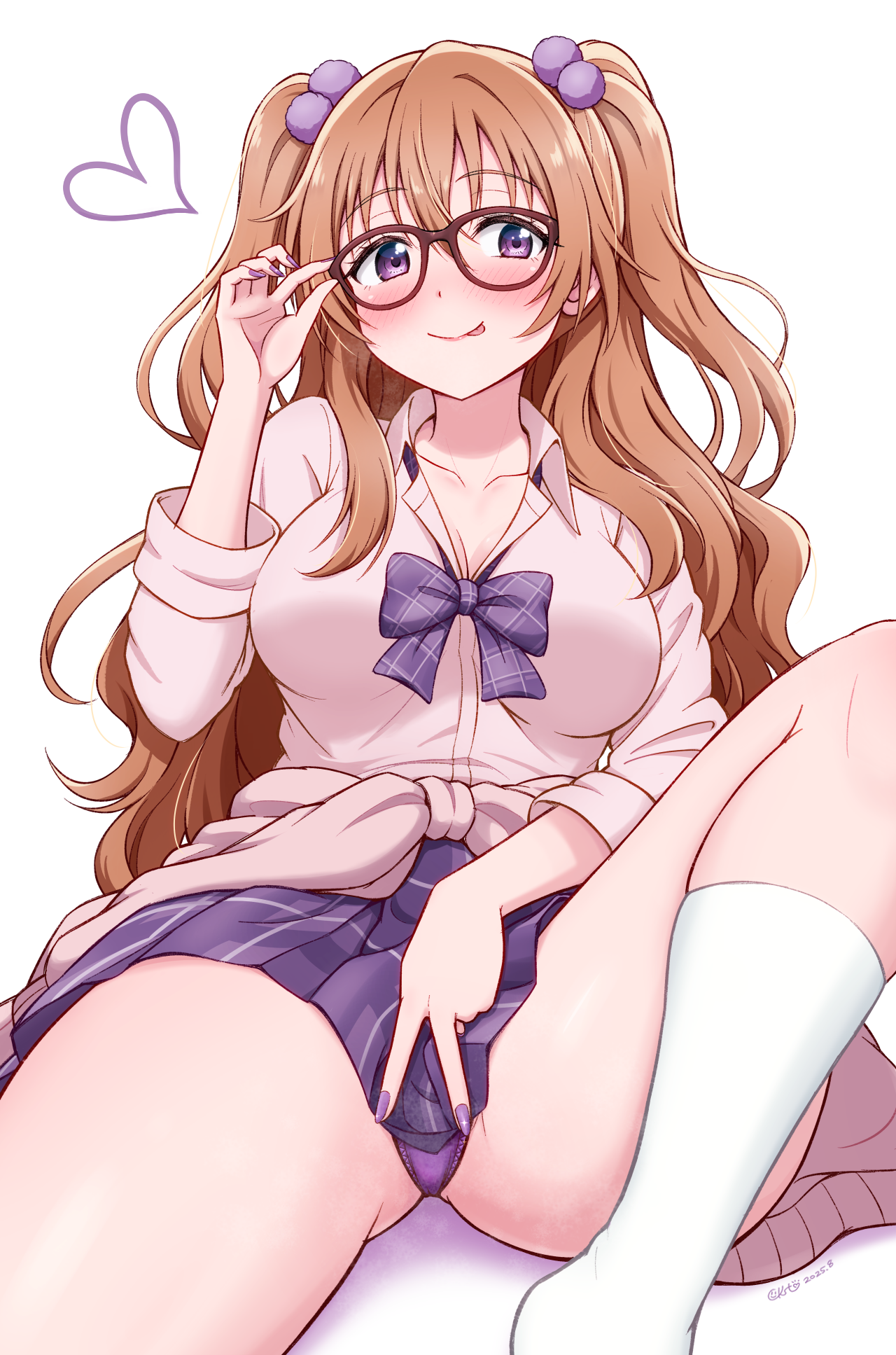 ckst, konoe kanata, love live!, love live! nijigasaki high school idol club, highres, 1girl, blush, bow, bowtie, breasts, brown hair, cleavage, clothes around waist, glasses, gyarugasaki, heart, large breasts, long hair, looking at viewer, nail polish, panties, pantyshot, pink shirt, purple-framed eyewear, purple bow, purple bowtie, purple nails, purple panties, purple skirt, shirt, simple background, skirt, smile, socks, solo, spoken heart, sweater, sweater around waist, tongue, tongue out, twintails, underwear, v, white background, white socks
