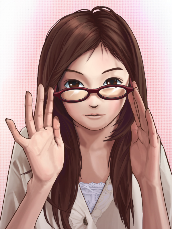 kawa akira, taepro, tagme, adjusting eyewear, brown eyes, brown hair, glasses, solo