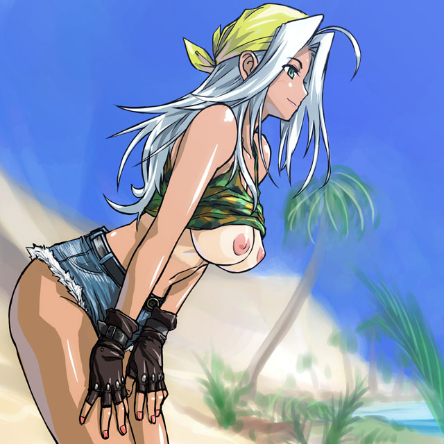 michael f91, 1girl, bandana, belt, bent over, bikini tan, breasts, clothes lift, denim, denim shorts, female focus, fingerless gloves, gloves, jewelry, large breasts, long hair, nail polish, necklace, nipples, nude, oasis, pink nails, shirt lift, shorts, solo, tan, tanline, undressing, white hair