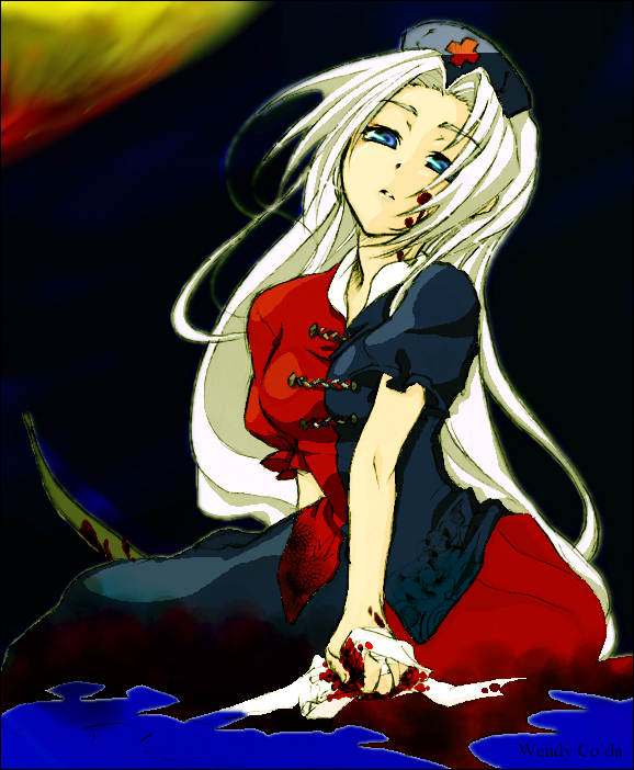 wendy (artist), zosumaru, yagokoro eirin, touhou, bad id, bad pixiv id, 1girl, arched back, bandages, blood, blood on face, bloody bandages, blue dress, blue eyes, dress, expressionless, female focus, hat, head tilt, looking at viewer, multicolored dress, nurse cap, parted lips, puffy short sleeves, puffy sleeves, red dress, short sleeves, sitting, solo, white hair, yokozuwari