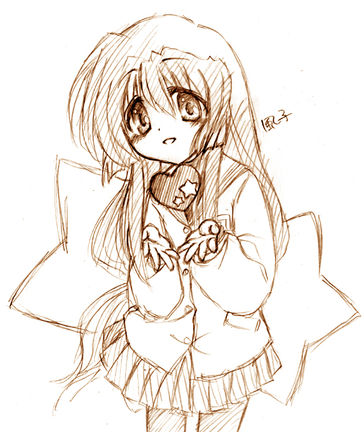 wendy (artist), zosumaru, ibuki fuuko, clannad, bad id, bad pixiv id, 00s, 1girl, brown theme, character name, female focus, heart, monochrome, pantyhose, sketch, solo
