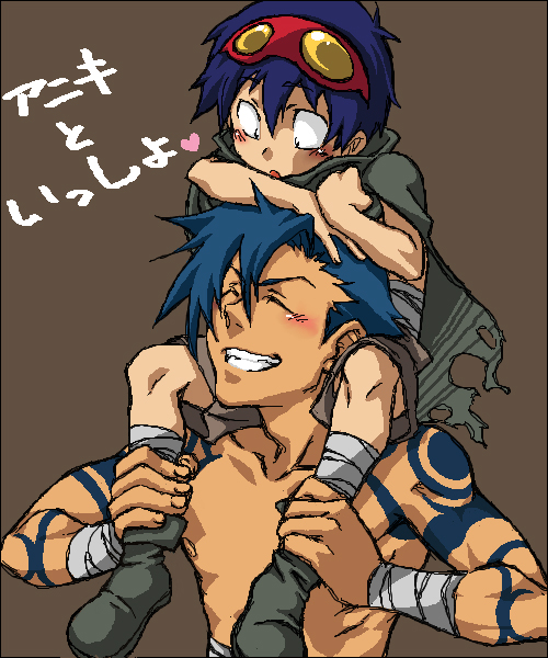 wendy (artist), zosumaru, kamina (ttgl), simon (ttgl), tengen toppa gurren lagann, bad id, bad pixiv id, translated, 00s, 2boys, bandages, blue hair, blush, bodypaint, cloak, goggles, goggles on head, grin, male focus, multiple boys, shorts, smile, topless male