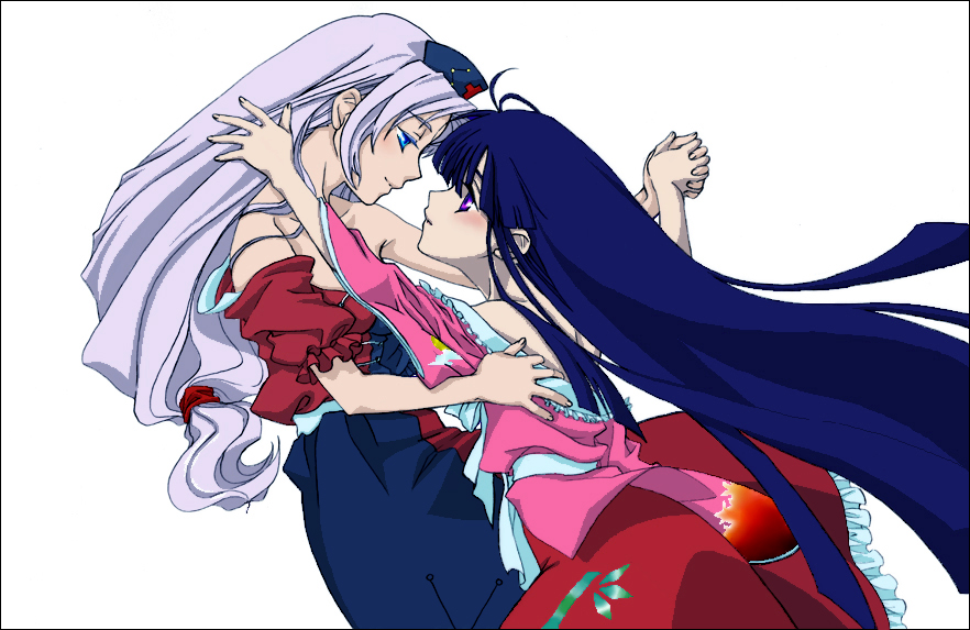 wendy (artist), zosumaru, houraisan kaguya, yagokoro eirin, kannazuki no miko, touhou, bad id, bad pixiv id, 2girls, couple, female focus, hat, holding hands, long hair, miko embrace, multiple girls, parody, yuri