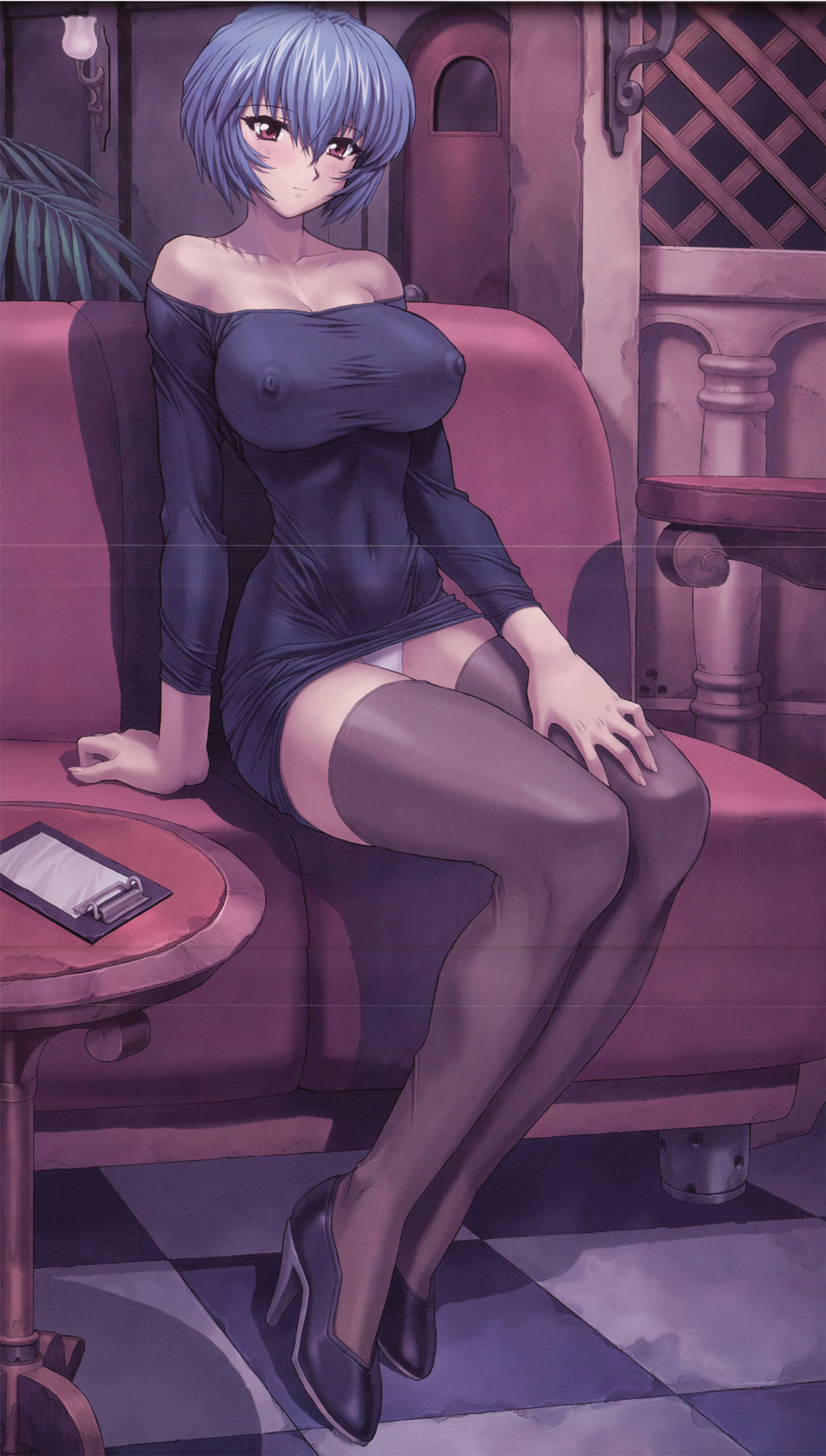 mogudan, ayanami rei, neon genesis evangelion, alternate breast size, highres, scan, 1girl, bare shoulders, blue hair, blush, breasts, couch, covered erect nipples, female focus, high heels, impossible clothes, indoors, lamp, large breasts, looking at viewer, nipples, no bra, on couch, panties, pantyshot, plant, red eyes, shirt, shoes, short hair, sitting, smile, solo, table, taut clothes, thighhighs, tight clothes, tight shirt, underwear, white panties, zettai ryouiki