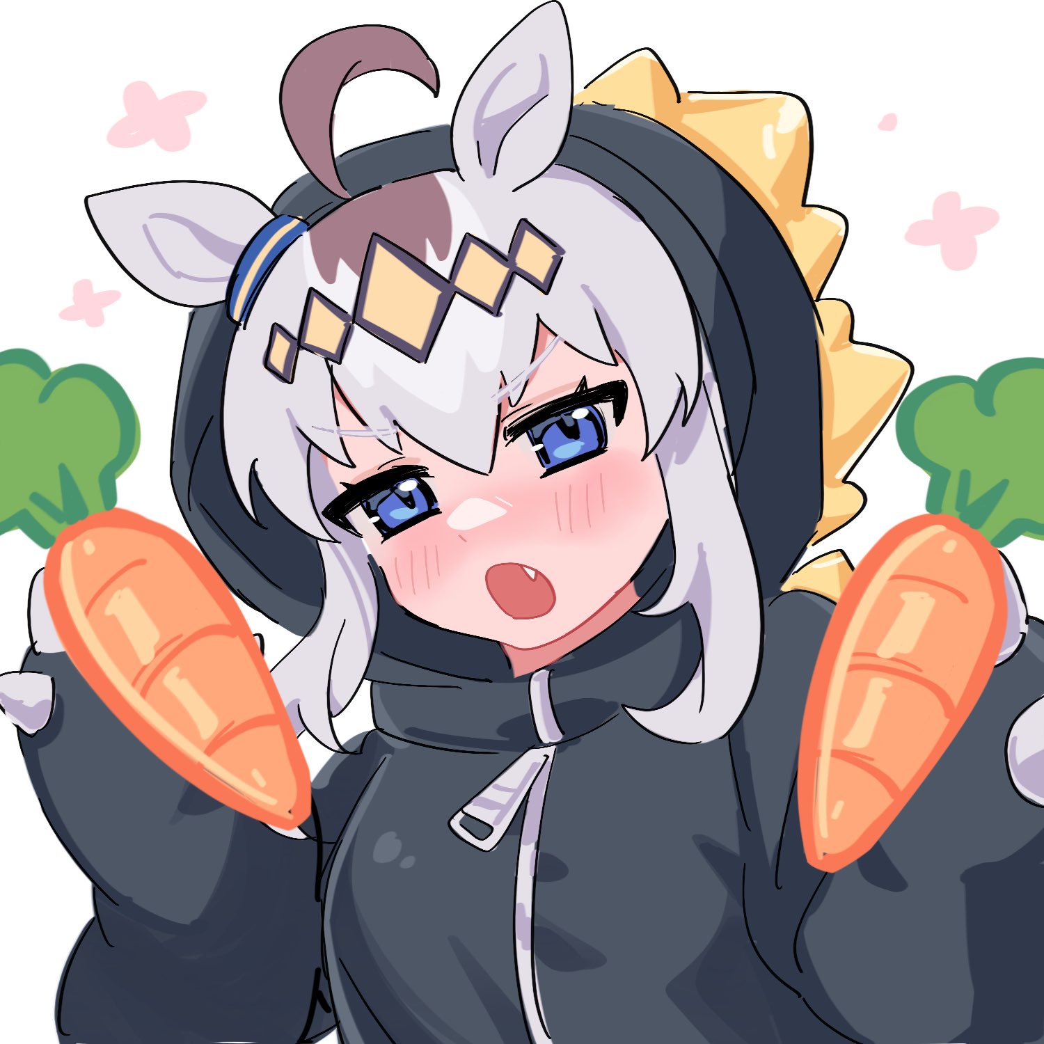 oguri cap (umamusume), umamusume, highres, 1girl, ahoge, animal ears, black hoodie, blue eyes, blush, carrot, dinosaur costume, ear ornament, eyemethyst, fang, grey hair, hair between eyes, hairband, holding, holding carrot, hood, hood up, hoodie, horse ears, horse girl, long hair, long sleeves, multicolored hair, open mouth, solo