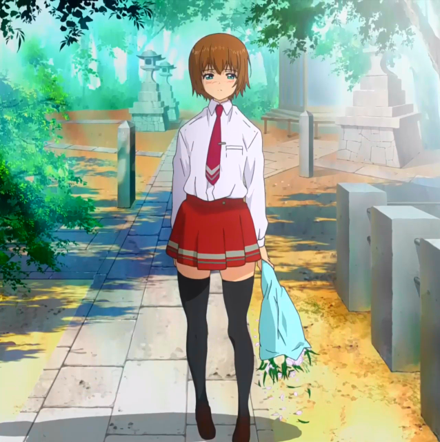 yasuoka shion, shion no ou, anime screenshot, stitched, third-party edit, 00s, blush, flower, looking at viewer, necktie, solo, thighhighs, zettai ryouiki