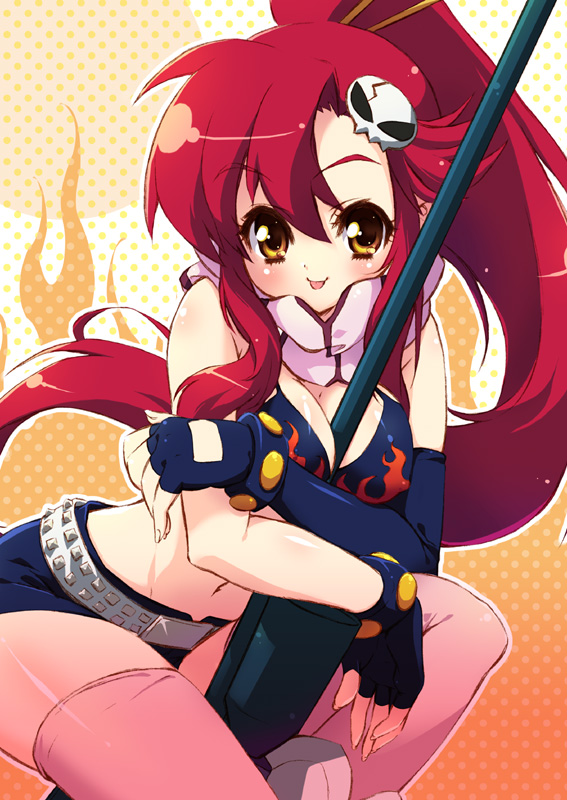 pandaki (aki), yoko littner, tengen toppa gurren lagann, 00s, 1girl, :p, between breasts, bikini, bikini top only, breasts, cleavage, elbow gloves, female focus, fingerless gloves, gloves, gun, huge breasts, large breasts, long hair, pink thighhighs, ponytail, red hair, rifle, scarf, short shorts, shorts, sniper rifle, solo, swimsuit, thighhighs, tongue, tongue out, very long hair, weapon, yellow eyes